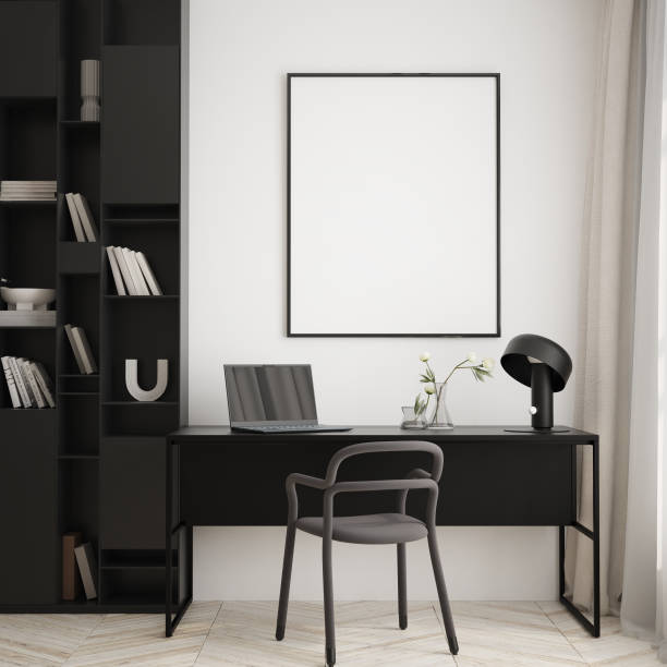 istock mock up poster frame in modern interior background, interior space, home office, Contemporary style, 3D render, 3D illustration 1440722776