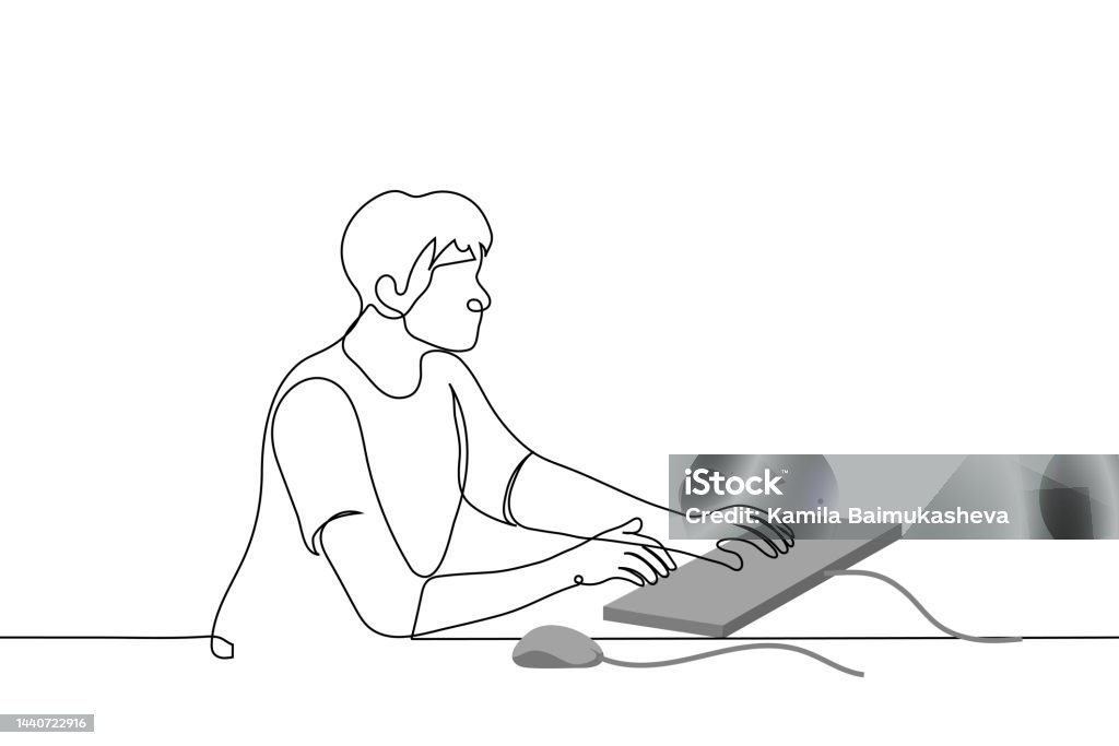 Computer Typeing Drawing Man Typing On Keyboard Next To Computer Mouse One Line Drawing Vector ...