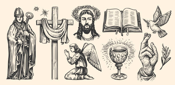 ilustrações, clipart, desenhos animados e ícones de símbolos religiosos definidos. coleção de ícones desenhados à mão no estilo vintage de gravação. fé em deus, esboço ilustração vetorial - grail