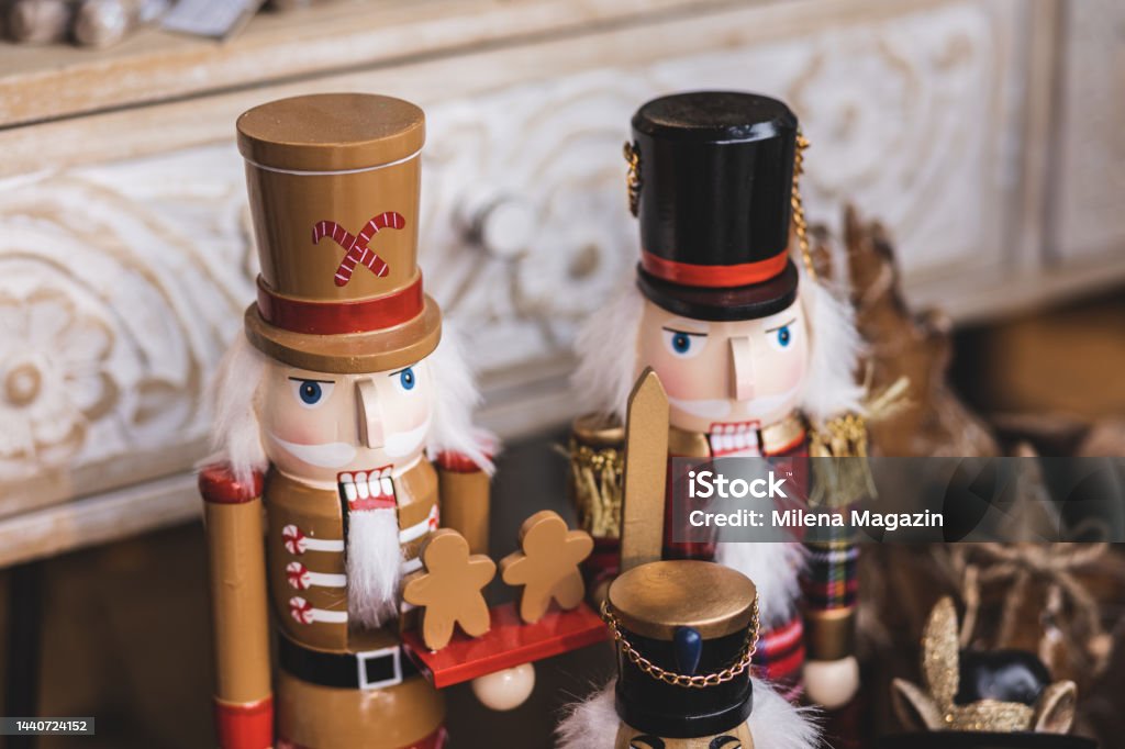 Wooden Christmas Nutcrackers decoration Winter postcard with copy space.  Christmas ornaments. Christmas decoration. Stylish Christmas decoration and ornaments. Christmas postcard. Christmas background. Christmas banner. Happy New Year banner. Happy New Year postcard. Christmas social media banner. 2023 Stock Photo