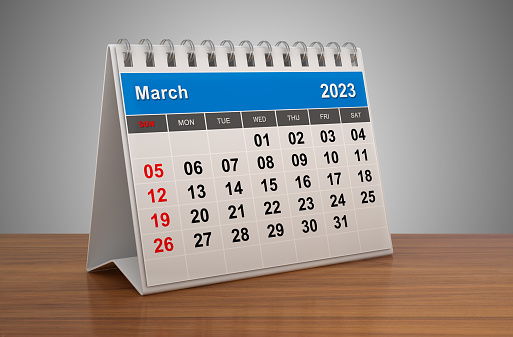 2023 march calendar on desk