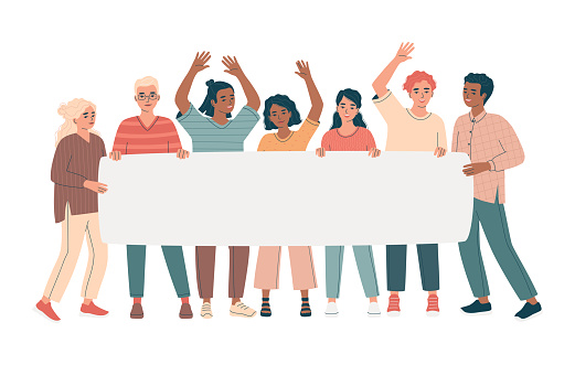 Group of diverse young men and women, business team, holding a blank banner. Welcome concept. People at demonstration, parade or rally. Activists men and women at the protest. Flat vector illustration