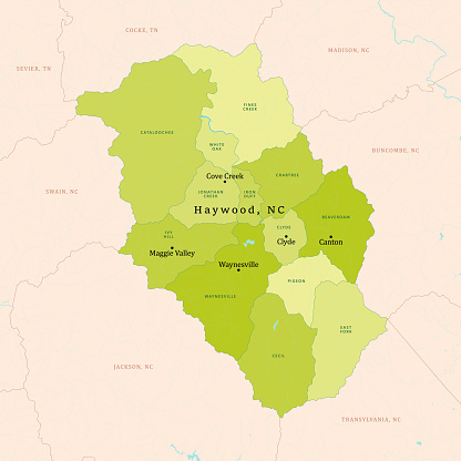 NC Haywood County Vector Map Green. All source data is in the public domain. U.S. Census Bureau Census Tiger. Used Layers: areawater, linearwater, cousub, pointlm.