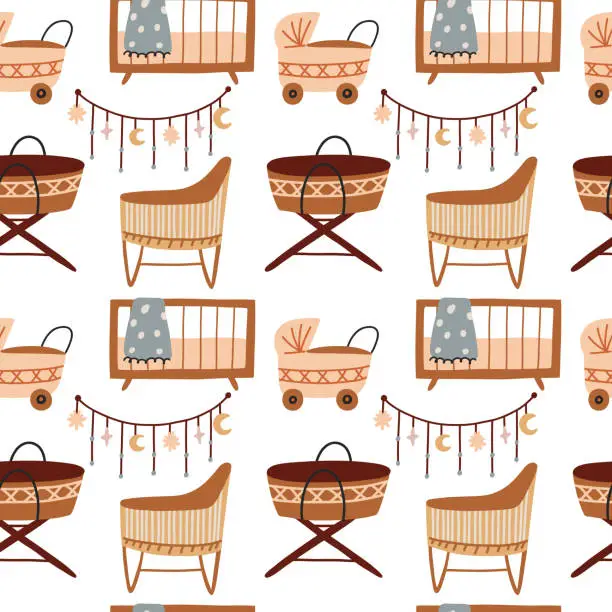 Vector illustration of Seamless pattern of crib cradle baby cradles