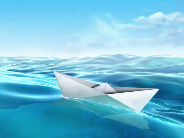 Origami paper boat floating in a sea. Digital illustration, 3D rendering.