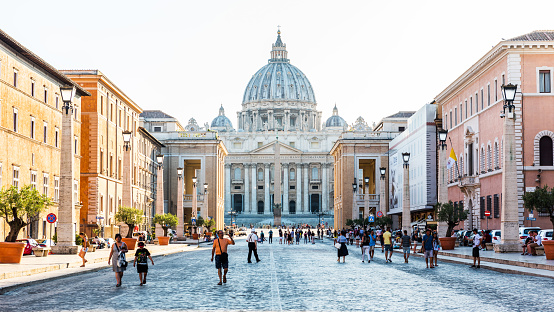 VATICAN CITY, ITALY - JULY 1, 2019: St. Peter's Square and St. Peter's Basilica in Vatican City. Rome, Italy.