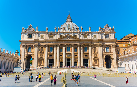 Vatican City, Italy - July 1, 2019: St. Peter's Square and St. Peter's Basilica in Vatican City. Rome, Italy.