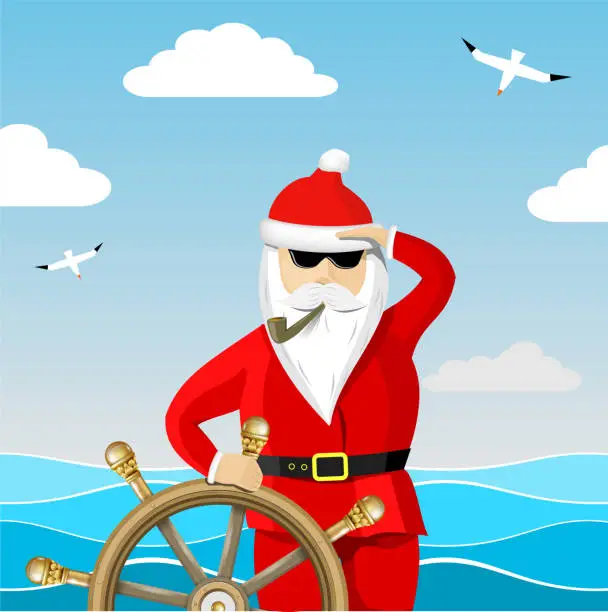 Vector illustration of Santa Claus captain at the helm in the sea