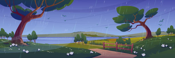 illustrazioni stock, clip art, cartoni animati e icone di tendenza di scena rurale con campi, fiume e alberi sotto la pioggia - poland rural scene scenics pasture