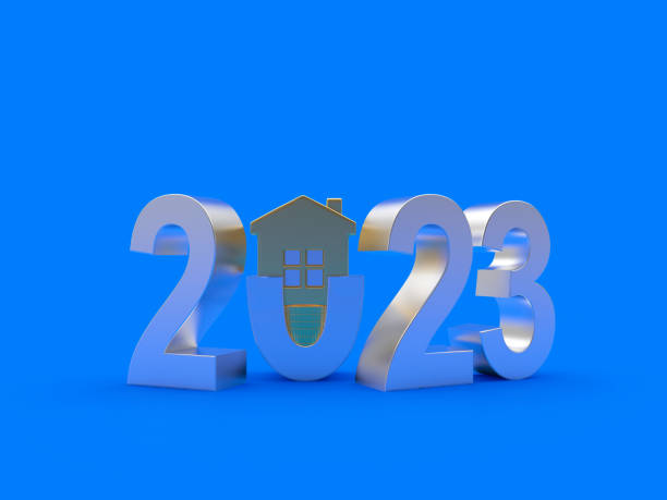 istock Silver number 2023 with a house. 3D 1440733005