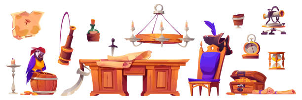 Pirate cabin interior stuff, isolated vector set Pirate cabin interior stuff, isolated set. Wooden table, old map, treasure chest, parrot and barrel with rum, captain cocked hat, chair, spyglass and bottle with message, Cartoon vector illustration old ship cartoon stock illustrations
