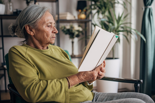 Elderly woman sitting on the armchair at home and reading a book