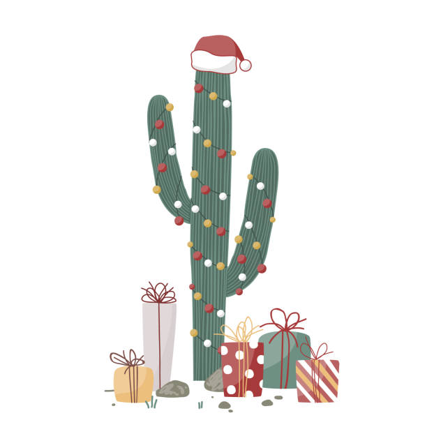 ilustrações de stock, clip art, desenhos animados e ícones de xmas gift boxes and big cactus decorated with garland and santa hat. vector illustration isolated on white. flat cartoon clipart for cards, posters, prints - cheerful cactus