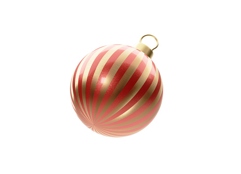 Golden and red striped Christmas bauble set on white background. Horizontal composition with copy space. Front view. Great use as a design element for Christmas related concepts.