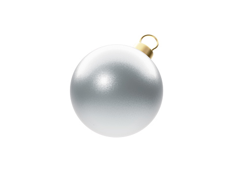 Silver Christmas bauble set on white background. Horizontal composition with copy space. Front view. Great use as a design element for Christmas related concepts.