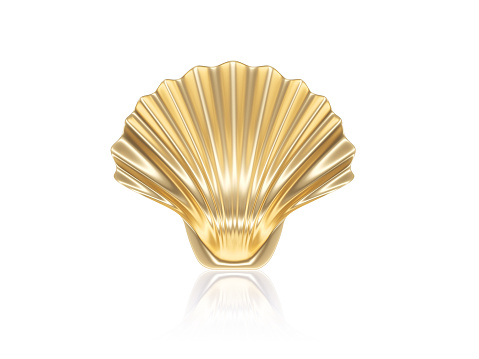 Gold colored sea shell on white background. Horizontal composition with copy space. Front view. Luxury concept.