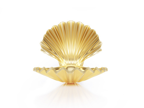 Open gold colored sea shell on white background. Horizontal composition with copy space. Front view. Luxury concept.