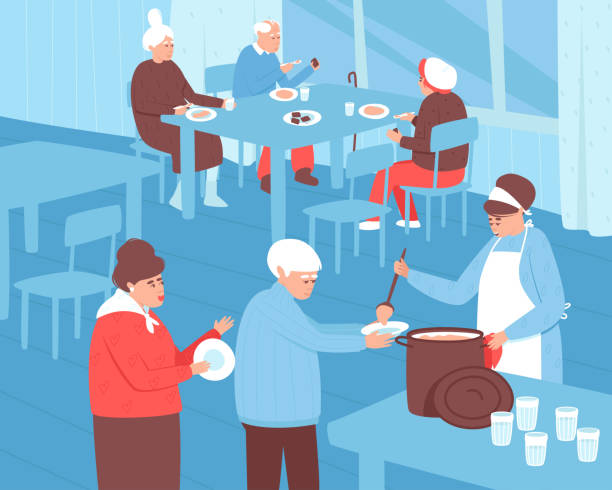 ilustrações de stock, clip art, desenhos animados e ícones de social canteen for older people with low incomes - incomes