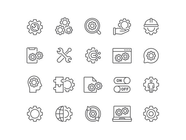 Settings Icons Settings, adjusting, gear, maintenance, icon, icon set, setup, data, analyzing, arranging, software, technology, development, optimization, mechanic maintenance support stock illustrations