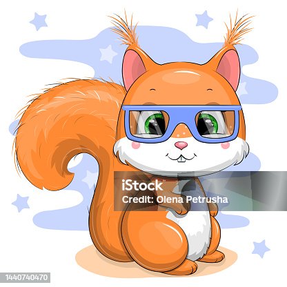 istock Cute cartoon red squirrel in blue glasses. 1440740470