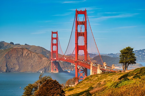 San Francisco, United States - February 12 2020 : the cliffs around the golden gate bridge are part of the famous landscape