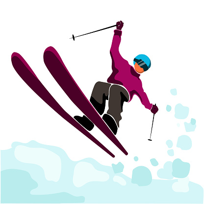 Jumping skier isolated on white background. Skier rides,freeride, ski jumping, freestyle.Winter sport.Skiing in winter Alps.vector illustration in modern flat style