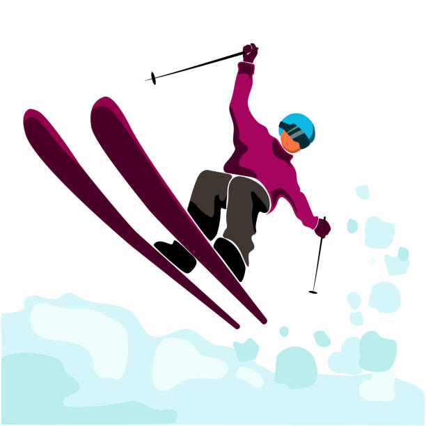 Web Jumping skier isolated on white background. Skier rides,freeride, ski jumping, freestyle.Winter sport.Skiing in winter Alps.vector illustration in modern flat style snow skiing stock illustrations