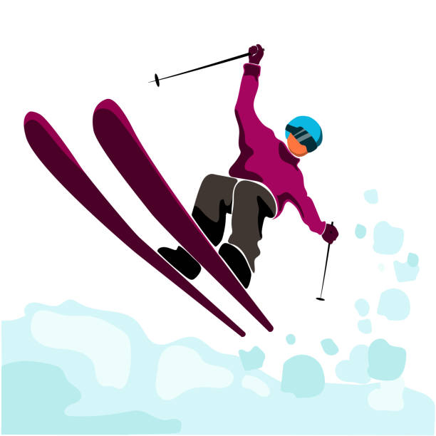 Web Jumping skier isolated on white background. Skier rides,freeride, ski jumping, freestyle.Winter sport.Skiing in winter Alps.vector illustration in modern flat style skier downhill stock illustrations