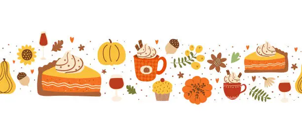 Vector illustration of Fall pumpkin pie slice and pumpkin spice latte seamless horizontal border decorated fall leaves, flowers, acorns, berry. Vector autumn season repeat frame food. Cute Thanksgiving day illustration.