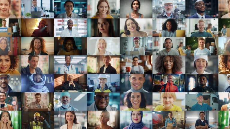 Montage of Happy Multi-Cultural and Multi-Ethnic People of Diverse Background, Gender, Ethnicity, Smiling, Looking at Camera. Happy People of the World Cheerfully Smiling. Moving Right Shot