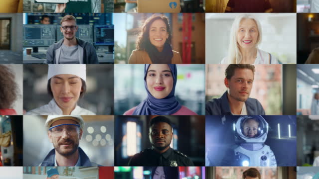 Stylish Zoom Out Montage of Smiling Muslim Woman Becoming Part of Multi-Ethnic Group of People with Diverse Gender, Ethnicity Looking at Camera. Collection of Happy Portraits in Edited Collage