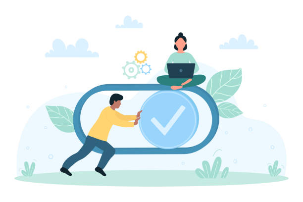 Account profile, customization of user interface menu, tiny man moving slider to right Account profile, customization of user interface menu vector illustration. Cartoon tiny man moving slider to right on button with check mark, people customize, control and edit digital settings tick off stock illustrations