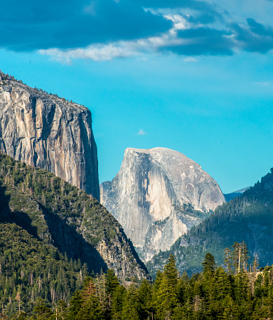 The towering granite cliffs of Yosemite National Park in California, USA.