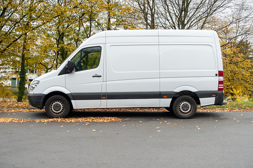 minibus goes on the country highway along the wood