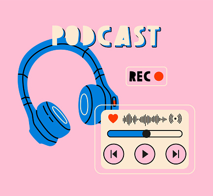 Headphones, music icons. Podcast recording and listening, broadcasting, online radio, audio streaming service concept. Hand drawn vector isolated illustrations