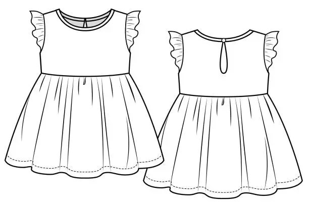 Vector illustration of Girls winglet sleeves dress , fashion technical draw.