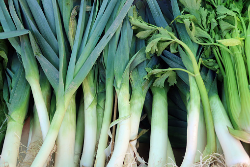 Ajaccio, Corsica, France, October 30, 2022. Mediterranean culture and colour on cruise vacation. Food (leeks) in artisan market