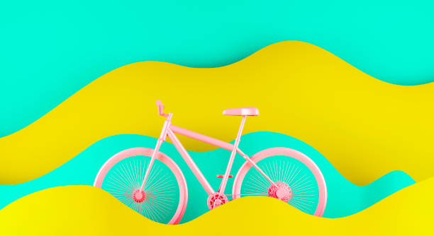 istock Pink bicycle on yellow and blue paper waves background. 3D rendering. 1440749549