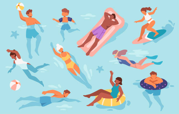 Set of people floating in sea or swimming pool Set of people floating in sea or swimming pool. Young men, women and children in swimsuits relax, surf, swim and play ball in water. Active lifestyle. Cartoon flat vector illustration collection bathing suit stock illustrations