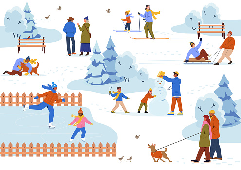 People spend time in winter park. Set of scenes with couples, families, friends and characters with dogs walking in snow, making snowman, sledding, skiing or skating. Cartoon flat vector illustration