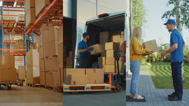 Package Delivery Story done in Split Screen Montage. Efficient Warehouse Workers Sort and Dispatch Cardboard Boxes. Professionals Load Parcel into Van. Courier Hands Product to Happy Customer