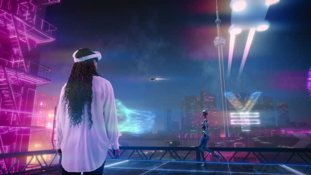 Black Woman Wearing Virtual Reality Headset Enters Metaverse. VR Transformation: Female Looking in Wonder around Immersive 3D Sci-fi City, Futuristic Online World with AI Robots, Users, Fun Adventures