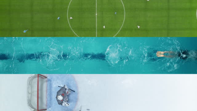 Aerial Sports Split Screen Montage. Stylish Concept of Seasonal Sport. Top View of Soccer Football Championship. Swimming Race. Ice Hockey Tournament. Champions Play in Style. Great Cinematic Concept