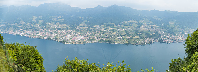 Aerial view of the Brescia coast of  the Lake Iseo from the Santuary of Monte Isola
