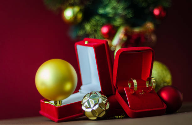 red Christmas gift box, gold ring with earrings in red box