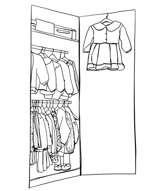 istock Hand drawn wardrobe sketch. Baby clothes on hangers 1440752735