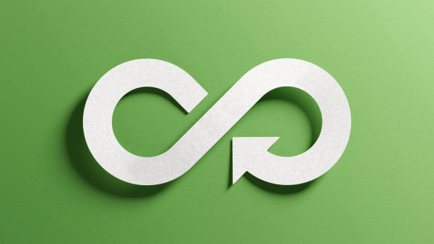 Circular economy to reduce waste by reusing, repairing, recycling products and materials. Ecology, nature preservation, sustainable development, green business concept. Infinity icon symbol paper. stock photo
