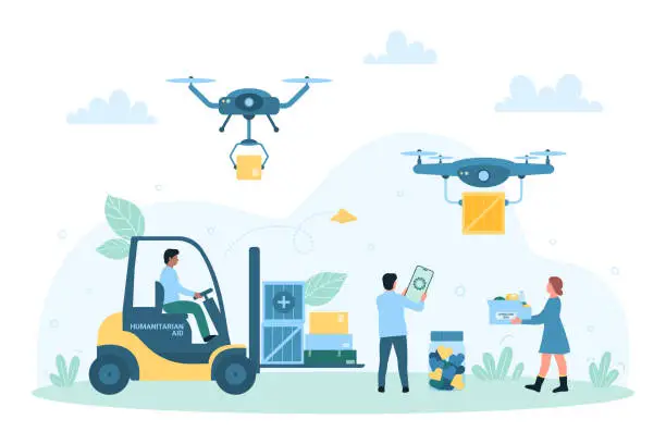 Vector illustration of Delivery of humanitarian aid by drones, aerial automated shipping of charity boxes