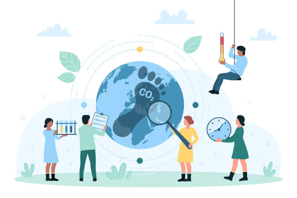 ilustrações, clipart, desenhos animados e ícones de análise de efeito de pegada de carbono, poluição ambiental com co2 e pessoas minúsculas - footprint carbon environment global warming