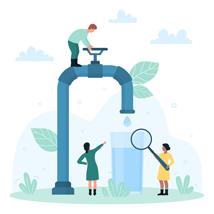 Water quality research and analysis vector illustration. Cartoon tiny people researching droplets from tap with magnifying glass, studying and monitoring bacterias, germs and viruses in tests